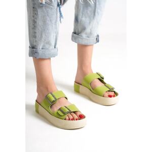 Capone Outfitters Capone Double Banded Belt Buckle Pistachio Green Wedge Heel Pistachio Green Women's Slippers