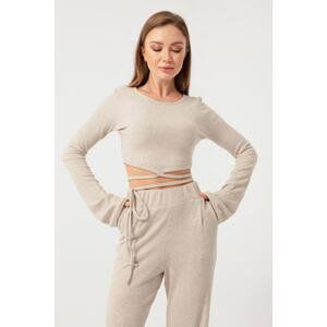 Lafaba Women's Beige Knitted Crop with Tie Detail
