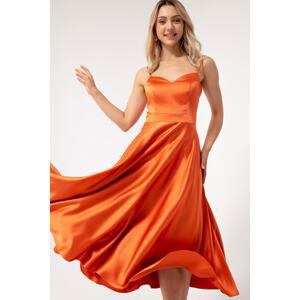 Lafaba Women's Orange Thin Strap Midi Satin Evening Dress
