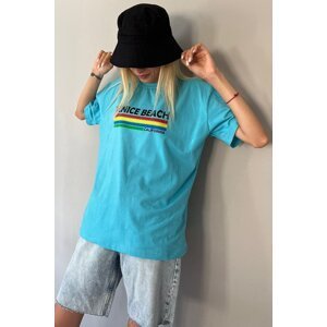 Madmext Turquoise Printed Over Fit T-Shirt