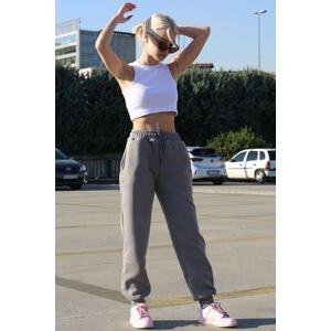 Madmext Women's Gray Painted Sweatpants with Elastic Waist and Rack Sweatpants