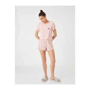 Koton Shorts Pajamas Set Ribbed Embroidered Cherry Patterned Viscose Blended