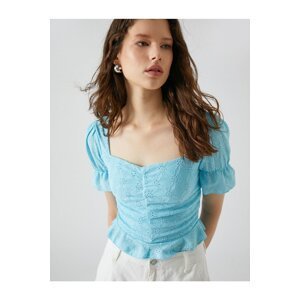 Koton Embroidered T-Shirt Sweetheart Neck Balloon Sleeves Frilly