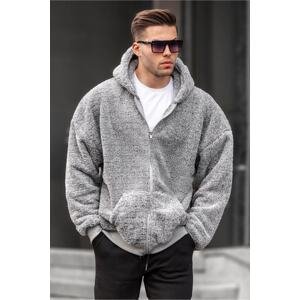 Madmext Gray Plush Men's Over Fit Hoodie and Zipper Sweatshirts 6049