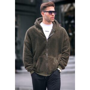 Madmext Khaki Plush Over Fit Hoodie Mens Zippered Sweatshirt 6049