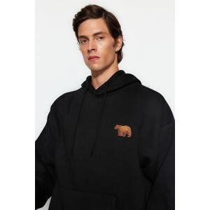 Trendyol Black Men's Oversize/Wide Cut Hooded Animal Embroidered Cotton Sweatshirt with Fleece Inside