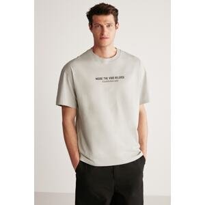 GRIMELANGE Bastian Men's Oversize Fit 100% Cotton Thick Textured Printed Gray T-shir