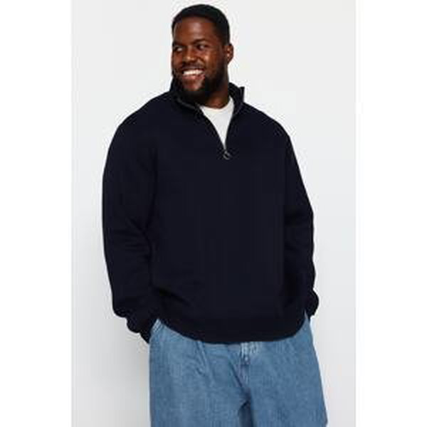 Trendyol Navy Blue Men's Plus Size Regular/Normal Cut Zippered Fleece Inside Sweatshirt