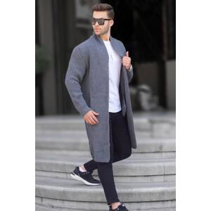 Madmext Anthracite Stand-Up Collar Pocket Long Knitwear Cardigan 6816