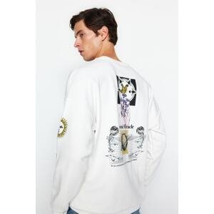 Trendyol Ecru Men's Oversize/Wide Cut Crew Neck Space Printed Cotton Sweatshirt
