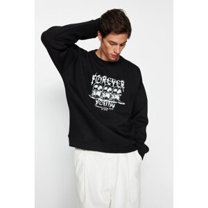 Trendyol Black Men's Oversize/Wide Cut Crew Neck Fluffy Printed Sweatshirt