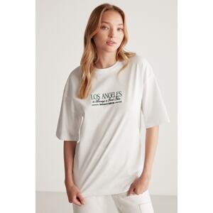 GRIMELANGE Janna Women's Crew Neck Oversize 100% Cotton Printed White / Green T-shirt