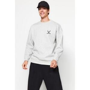 Trendyol Men's Gray Melange Oversize/Wide Fit Crew Neck Long Sleeve Animal Embroidered Sweatshirt