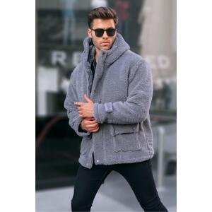 Madmext Gray Hooded Plush Coat 6718