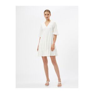 Koton Flounce V Neck Balloon Sleeve Textured Viscose Blended Mini Dress