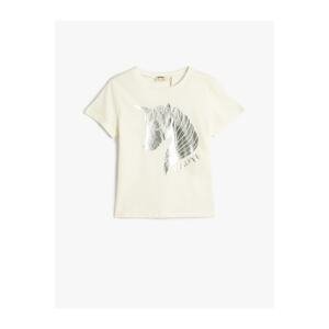 Koton Unicorn T-Shirt with a Shiny Print Short Sleeve Crew Neck Cotton