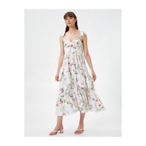 Koton Floral Dress With Tie Midi Straps, Flounces Sweetheart Collar