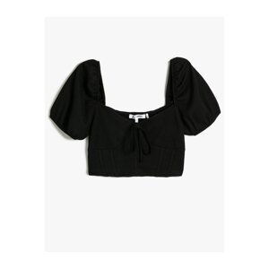 Koton Crop T-Shirt Balloon Sleeves Sweetheart Collar Lace-Looking Up Corset-Looking