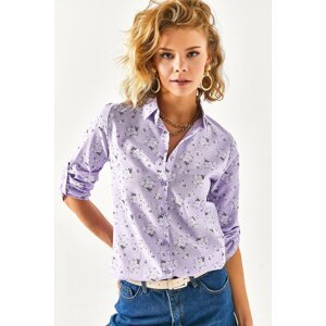 Olalook Women's Lilac Floral Fold Sleeve Linen Shirt