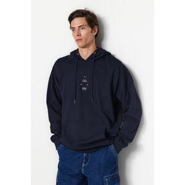 Trendyol Navy Blue Men's Oversize/Wide Cut Hooded Space Printed Fleece Sweatshirt