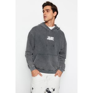 Trendyol Anthracite Men's Relaxed/Comfortable Fit Hooded Vintage/Faded Effect Back Printed Sweatshirt