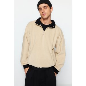 Trendyol Beige Men's Oversize/Wide Cut Half Zipper Stand Collar Color Block Fleece Sweatshirt