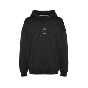 Trendyol Anthracite Men's Oversize/Wide Cut Hooded Space Printed Fleece Sweatshirt