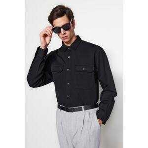 Trendyol Black Men's Relaxed Casual Fit Shirt Collar Knitted Flexible Casual Shirt With Pocket