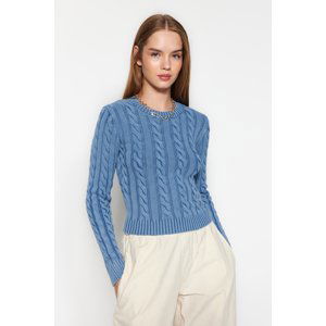 Trendyol Blue Wash Effect Hair Braided Knitwear Sweater