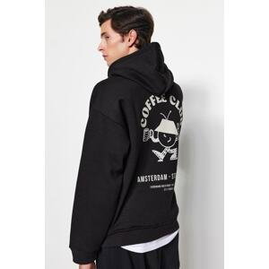 Trendyol Men's Black Oversize/Wide-Fit Hooded Fluffy Printed Fleece Cotton Inner Sweatshirt