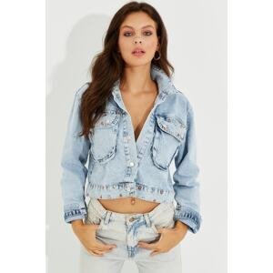 Cool & Sexy Women's Blue Embroidered Denim Short Jacket IS802