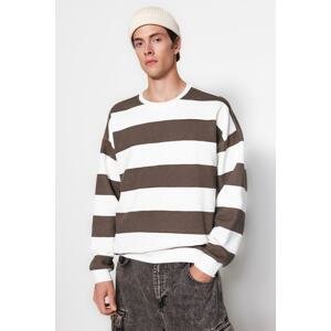 Trendyol Mink Men's Oversize/Wide Cut Crew Neck Striped Cotton Sweatshirt with Fleece Inside