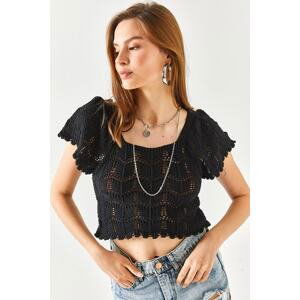 Olalook Women's Black Shoulder Detailed Openwork Crop Knitwear Blouse