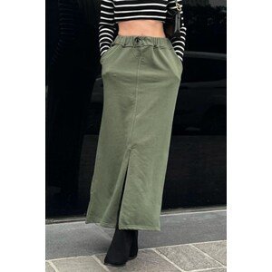 Madmext Khaki Green Women's Midi Skirt with Slit Detail on the Front