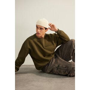 Trendyol Limited Edition Khaki Men's Oversize/Wide Cut Crew Neck Zipper Pocket Inside Fleece Sweatshirt