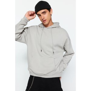 Trendyol Limited Edition Men's Gray Oversize/Wide-Fit Embroidery Detail Fleece Hooded Sweatshirt