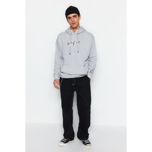 Trendyol Dark Gray Men's Oversize/Wide Cut Text Embroidered Hooded Sweatshirt