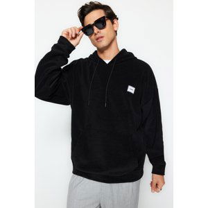 Trendyol Black Men's Oversize/Wide Cut Hooded Fleece Sweatshirt with Text Label