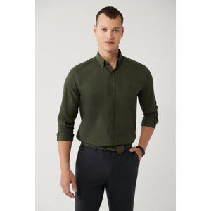 Avva Men's Dark Green Shirt Buttoned Collar 100% Cotton Corduroy Regular Fit