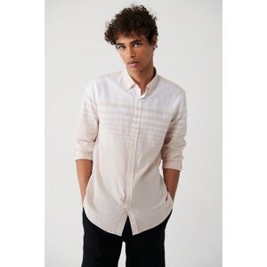 Avva Men's Beige 100% Cotton Button Collar Linen Look Block Striped Slim Fit Slim Fit Shirt