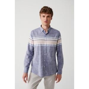 Avva Men's Navy Blue Button Collar 100% Cotton Linen Look Board Patterned Slim Fit Slim Fit Shirt