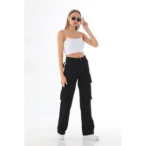 BİKELİFE Women's Black High Waist Multi Pockets Strap Detail Straight Fit Cargo Pants