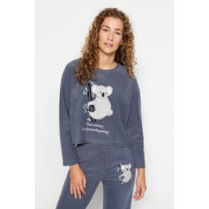 Trendyol šedá fleecová košile s tričkem a pleteným pyžamem se vzorem koala