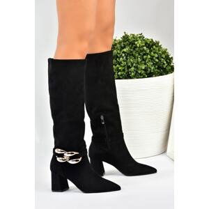 Fox Shoes Black Suede Chain Detailed Thick Heeled Women's Boots