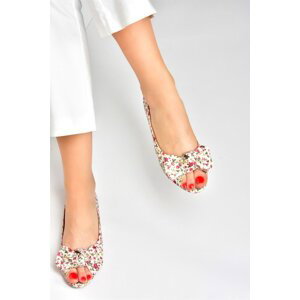 Fox Shoes Beige/red Linen Floral Print Women's Flat Shoes