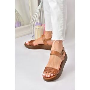 Fox Shoes Tan Genuine Leather Knitted Model Daily Women's Sandals