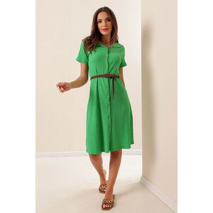 By Saygı Green Short Sleeve Seekers Dress With Front Buttoned Belt