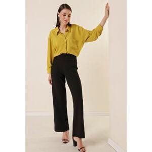 By Saygı Knitted Crepe Palazzo Trousers with Waist Bodice and Pockets Black