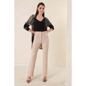 By Saygı High Waist Knitted Crepe Patchwork Palazzo Trousers Beige