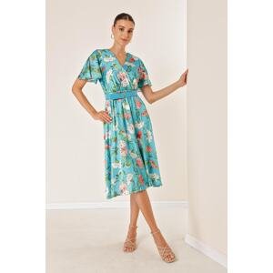 By Saygı Blue Double Breasted Neck Waist Belted Lined Floral Satin Dress